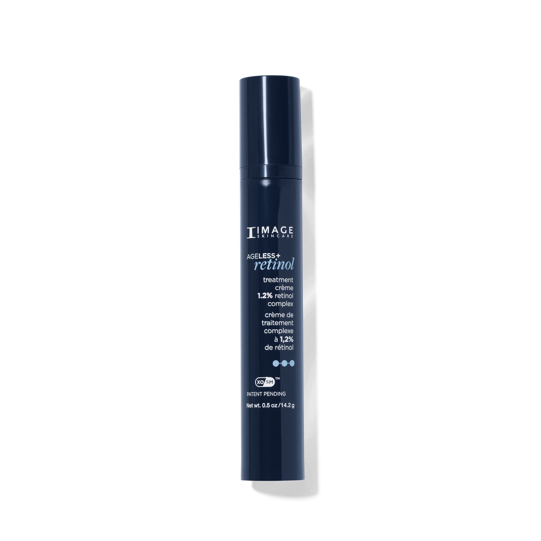 Blue skincare bottle with white text on a white background