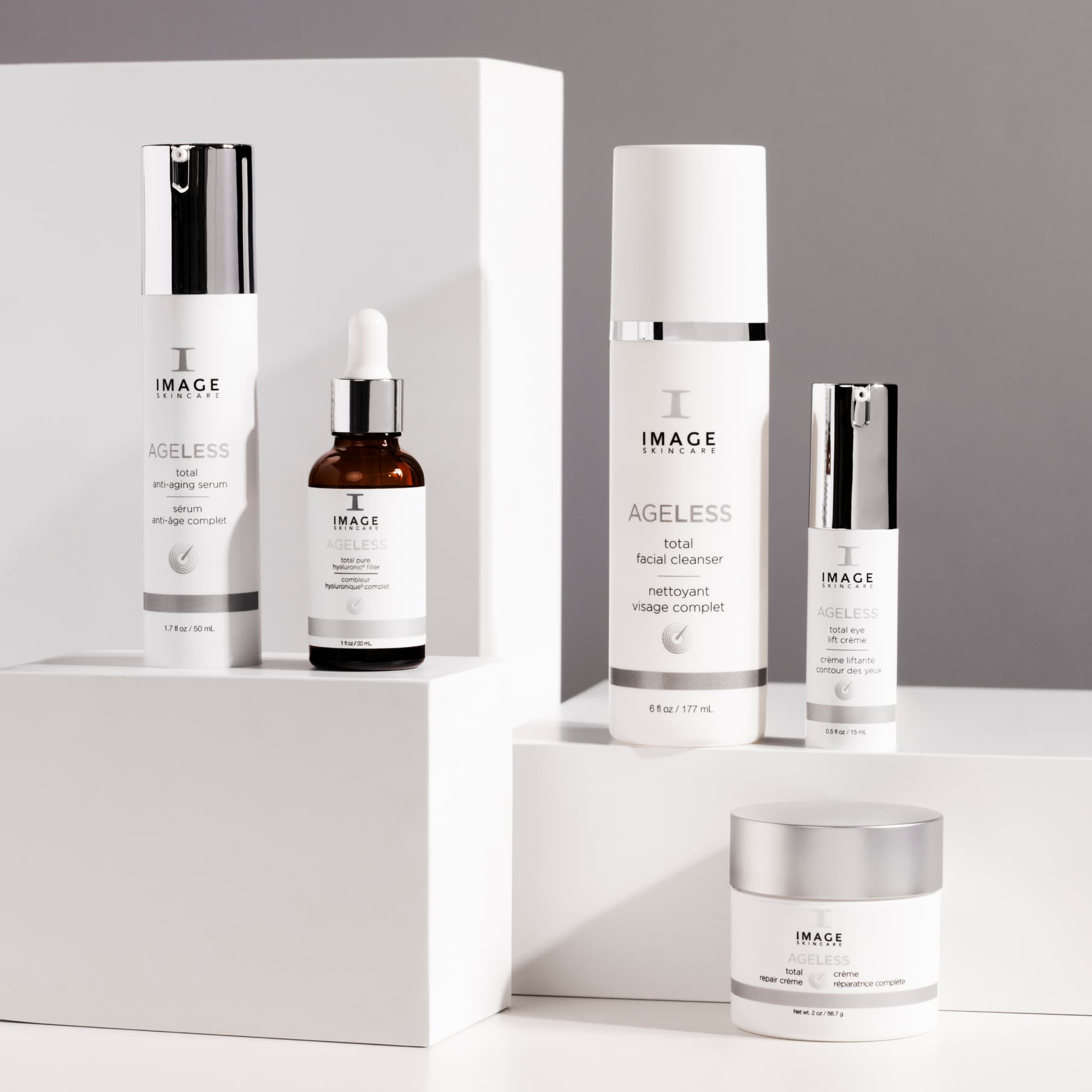 collection shot of all ageless products on gray background