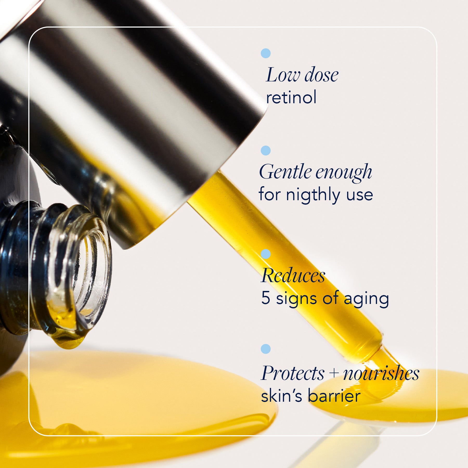 product dropper dispensing drop onto white background with product benefits callouts