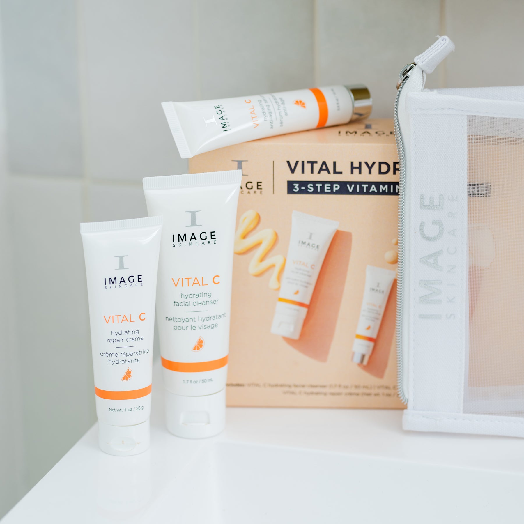 kit contents with bag and box on a bathroom counter